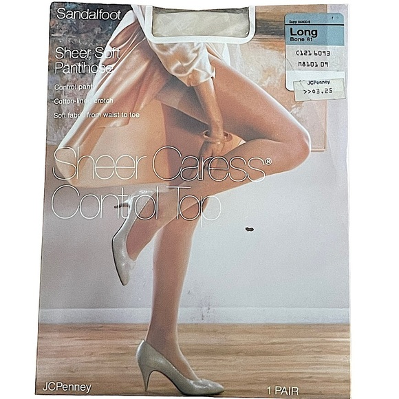 JC Penney Vintage 80s Sheer Caress Control Top Pantyhose Bone Long - Picture 1 of 6